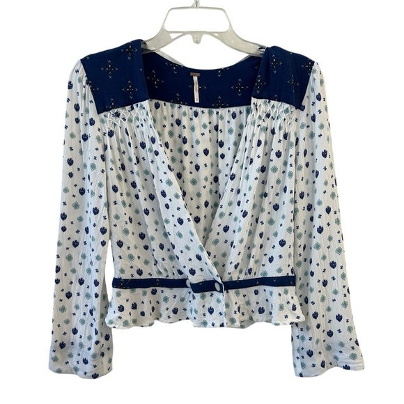 Free People Where We Roam Women's  Blue and White Patterned Top - Picture 1 of 9